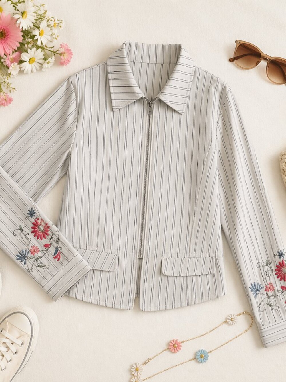 Christopher & Banks Embroidered Stripe Zip Jacket Medium